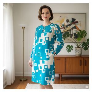 Vintage AP LTD Silk Dress 12 Abstract Art Print Teal Grey Mid Century Modern 90s